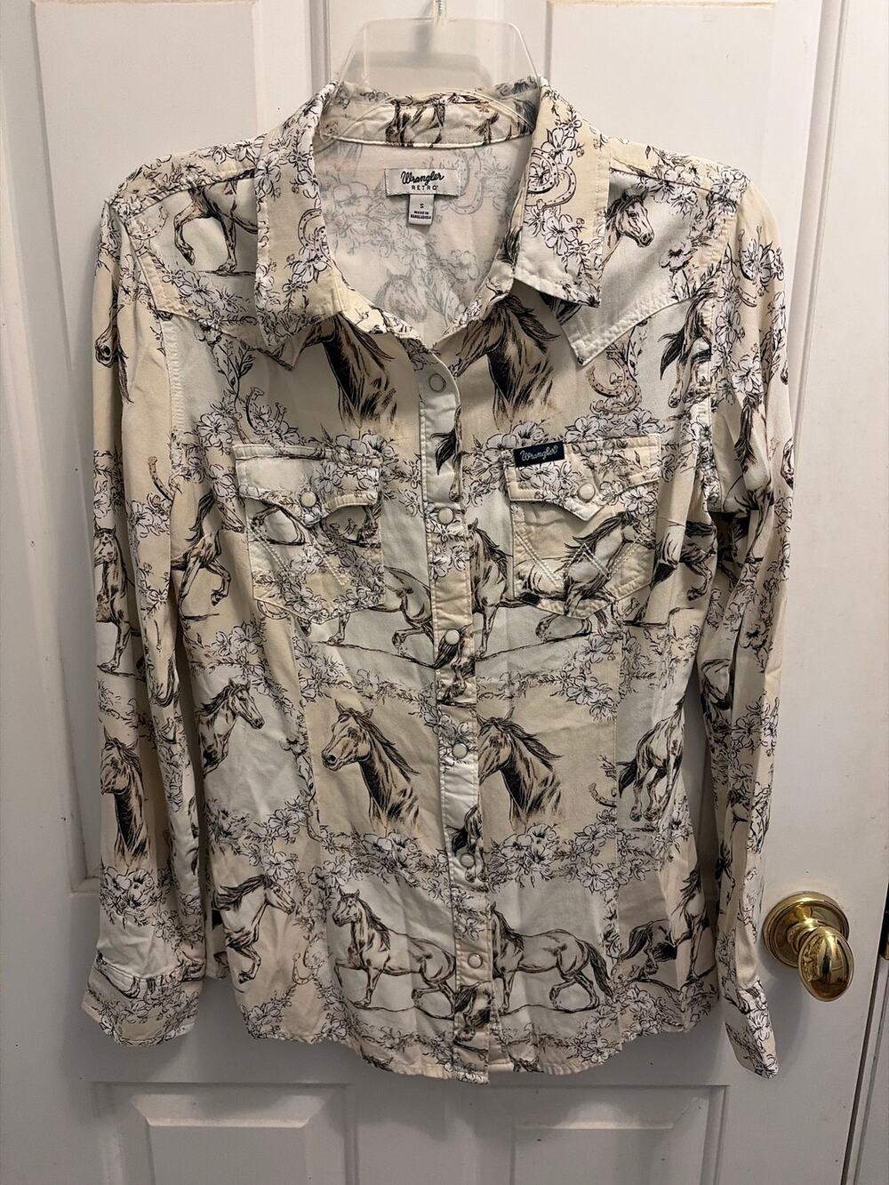 Wrangler Women Retro Western Pearl Snap Shirt Horse Print Cream Size Small S